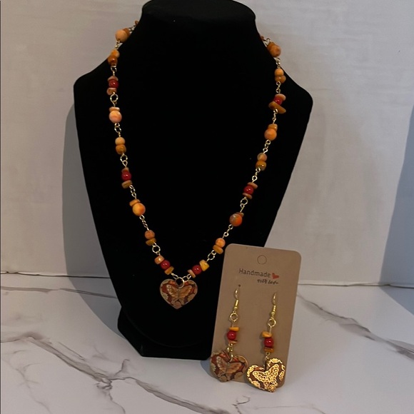 Handmade red orange Solid brass cloisonné butterfly heart necklace and earrings - Picture 1 of 6